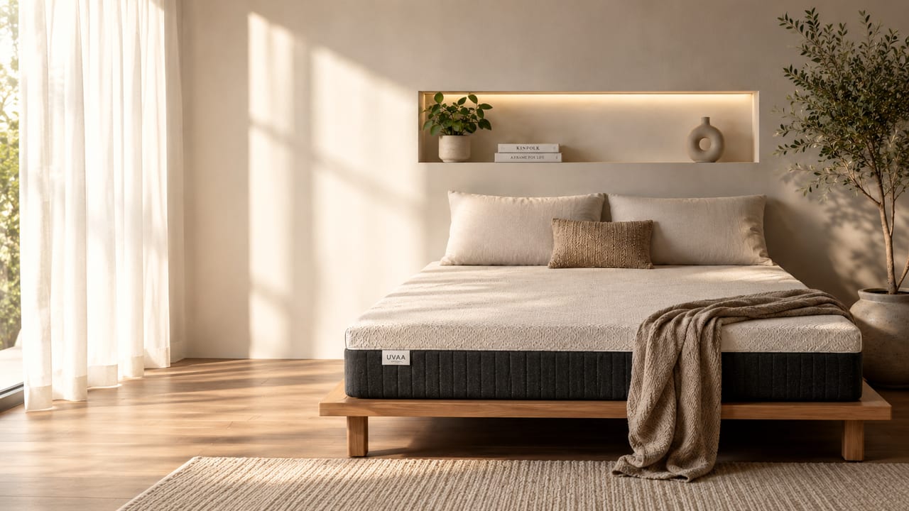 UVAA Premium Mattress Luxury Bedroom UVAA premium mattress in a modern luxury bedroom with warm morning sunlight designed for better sleep